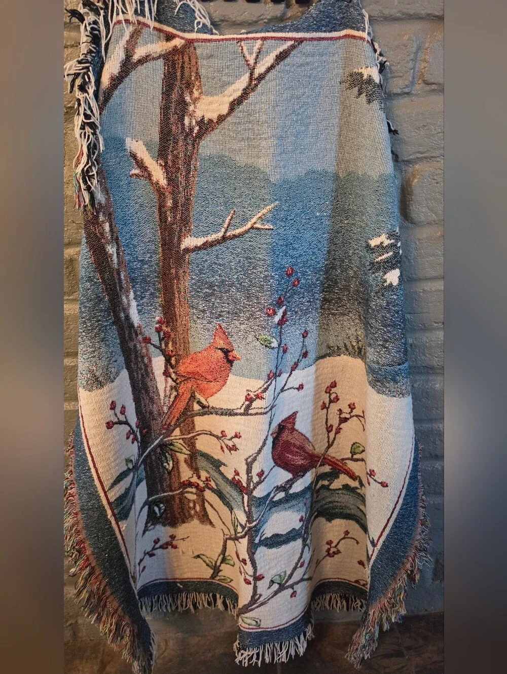 Vintage Winter Cardinals Woven Tapestry Throw Blanket Fringed 42x54 Jacquard
